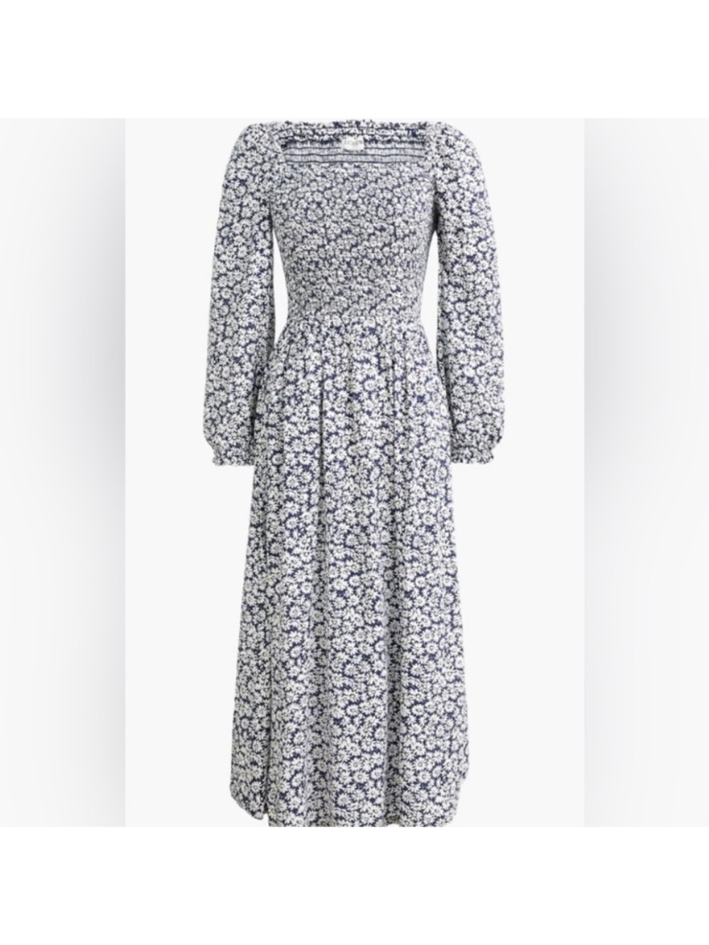 J. Crew Navy and White Floral Long-Sleeve Midi Dress with Smocked Bodice